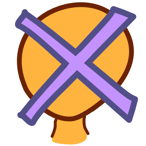 A yellow figure from the neck up with a purple X over its face. 